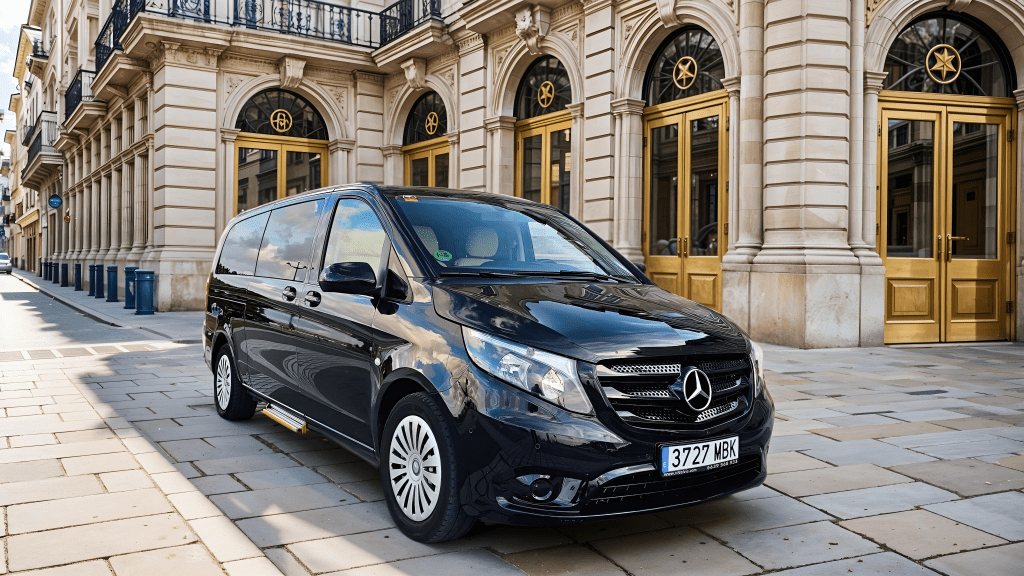 VTC Elvis Una camioneta Mercedes negra estacionada en una calle adoquinada frente a un edificio con puertas doradas ornamentadas y decoraciones de estrellas. servicios de VTC en Cantabria