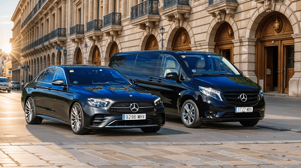 VTC Elvis Dos vehículos Mercedes-Benz negros, parte de una flota de vehículos de lujo, están estacionados en una calle adoquinada frente a edificios ornamentados. servicios de VTC en Cantabria