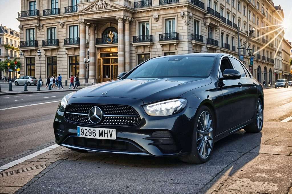 VTC Elvis Un sedán Mercedes-Benz negro, perfecto para traslados ejecutivos, está estacionado en una calle de la ciudad con un edificio histórico al fondo y la luz del sol entrando desde la derecha. servicios de VTC en Cantabria